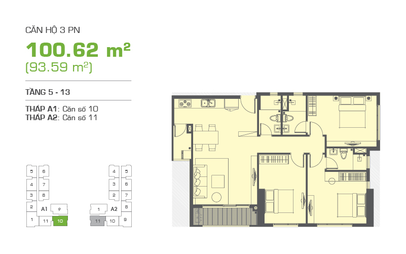 Mặt bằng chung cư Tropic Garden 100m2 : căn hộ 2 phòng ngủ ( 93.59m2)