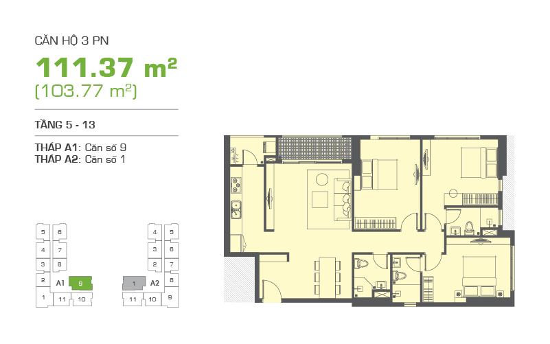 Mặt bằng chung cư Tropic Garden 111m2 : căn hộ 2 phòng ngủ ( 103.77m2)