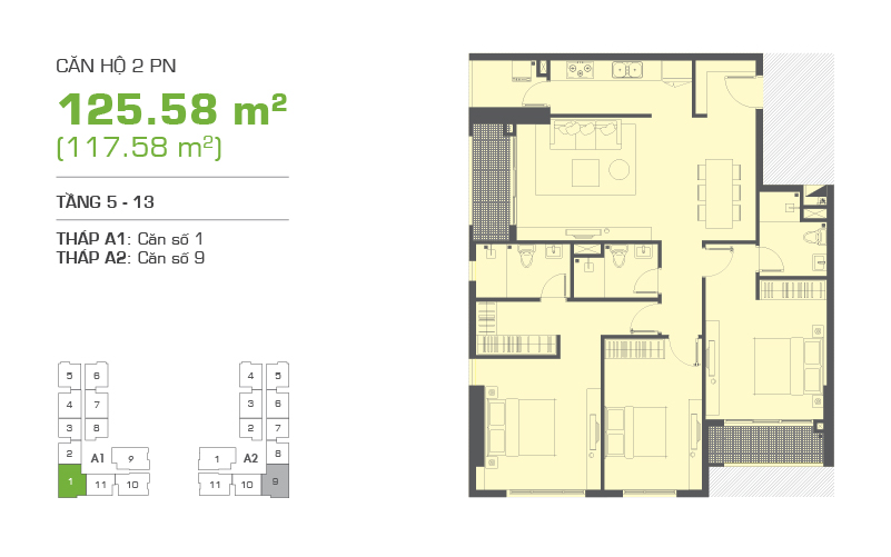 Mặt bằng chung cư Tropic Garden 125m2 : căn hộ 2 phòng ngủ ( 117.58m2)
