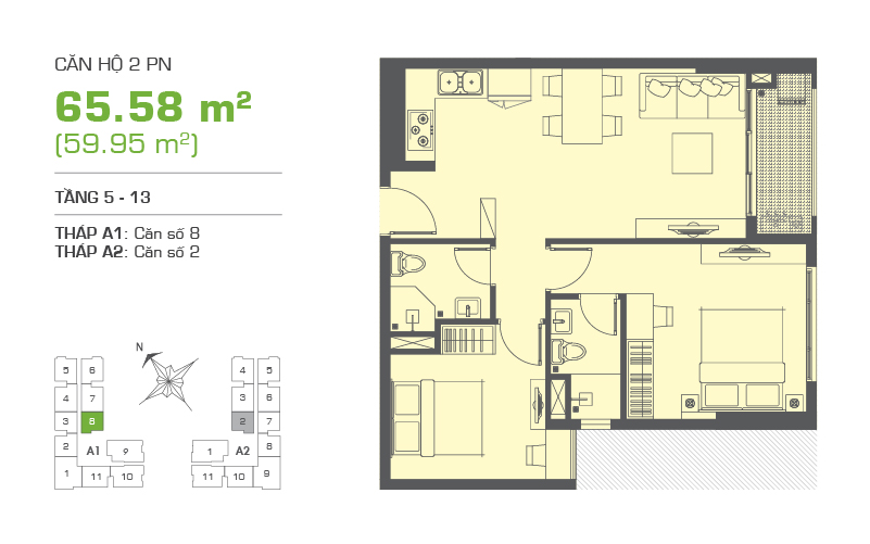 Mặt bằng chung cư Tropic Garden 66m2 : căn hộ 2 phòng ngủ ( 59.95m2)
