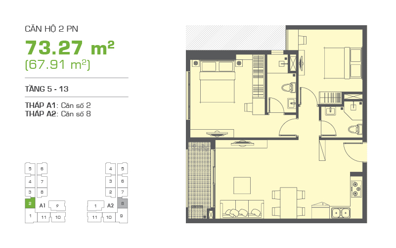 Mặt bằng chung cư Tropic Garden 73m2 : căn hộ 2 phòng ngủ ( 67.91m2)