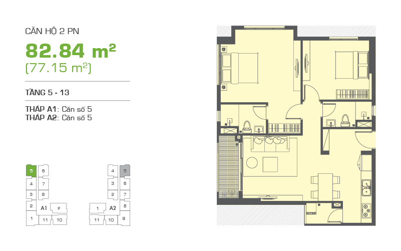 Mặt bằng chung cư Tropic Garden 82m2 : căn hộ 2 phòng ngủ ( 77.15m2)