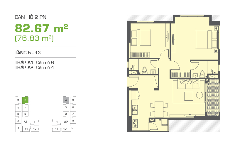 Mặt bằng chung cư Tropic Garden 82m2 : căn hộ 2 phòng ngủ ( 76.83m2)