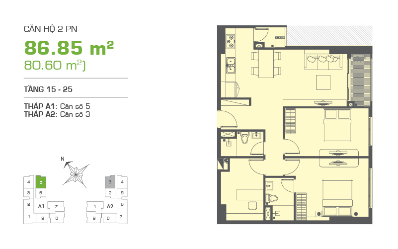 Mặt bằng chung cư Tropic Garden 86m2 : căn hộ 2 phòng ngủ ( 80.60m2)