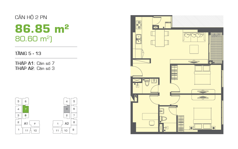 Mặt bằng chung cư Tropic Garden 86m2 : căn hộ 2 phòng ngủ ( 80.60m2)