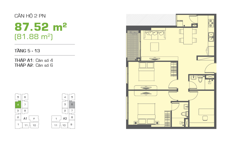 Mặt bằng chung cư Tropic Garden 87m2 : căn hộ 2 phòng ngủ ( 81.88m2)