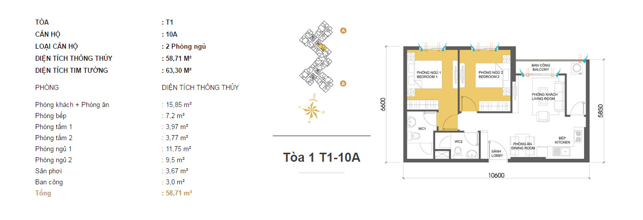 Mặt bằng chung cư Masteri Thảo Điền T1-10A 58m2 : căn hộ 2 phòng ngủ ( 63.30m2) Mặt bằng chung cư Masteri Thảo Điền T1-10A 58m2 : căn hộ 2 phòng ngủ ( 63.30m2)