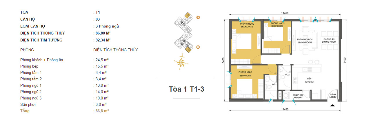 Mặt bằng chung cư Masteri Thảo Điền T1-3 86m2 : căn hộ 3 phòng ngủ ( 92.34m2) Mặt bằng chung cư Masteri Thảo Điền T1-3 86m2 : căn hộ 3 phòng ngủ ( 92.34m2)