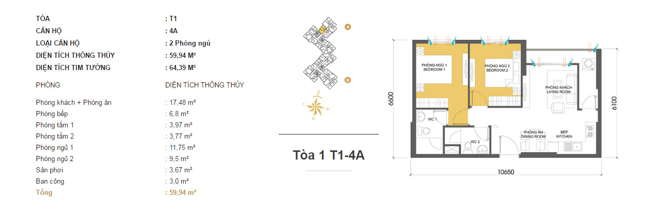 Mặt bằng chung cư Masteri Thảo Điền T1-4A 59m2 : căn hộ 2 phòng ngủ ( 64.39m2) Mặt bằng chung cư Masteri Thảo Điền T1-4A 59m2 : căn hộ 2 phòng ngủ ( 64.39m2)