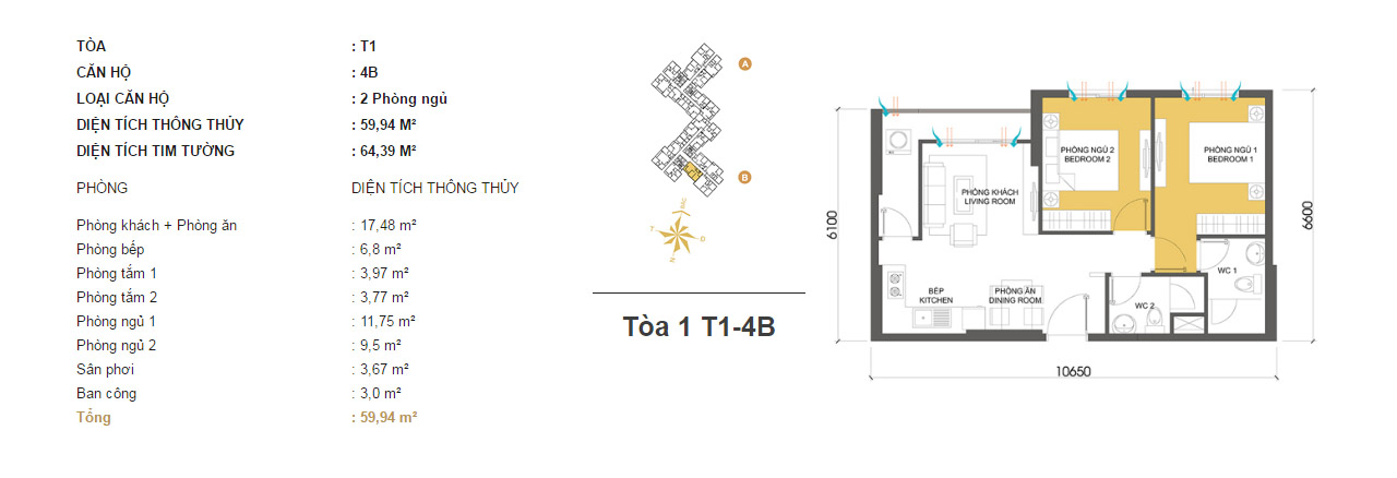 Mặt bằng chung cư Masteri Thảo Điền T1-4B 59m2 : căn hộ 2 phòng ngủ ( 64.39m2) Mặt bằng chung cư Masteri Thảo Điền T1-4B 59m2 : căn hộ 2 phòng ngủ ( 64.39m2)