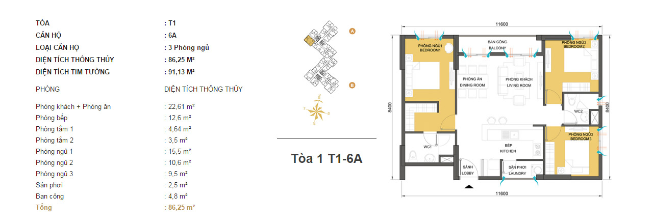 Mặt bằng chung cư Masteri Thảo Điền T1-6A 86m2 : căn hộ 2 phòng ngủ ( 91.13m2) Mặt bằng chung cư Masteri Thảo Điền T1-6A 86m2 : căn hộ 2 phòng ngủ ( 91.13m2)