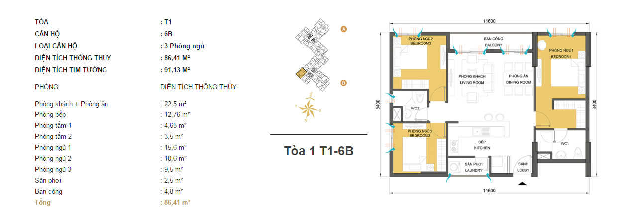 Mặt bằng chung cư Masteri Thảo Điền T1-6B 86m2 : căn hộ 2 phòng ngủ ( 91.13m2) Mặt bằng chung cư Masteri Thảo Điền T1-6B 86m2 : căn hộ 2 phòng ngủ ( 91.13m2)