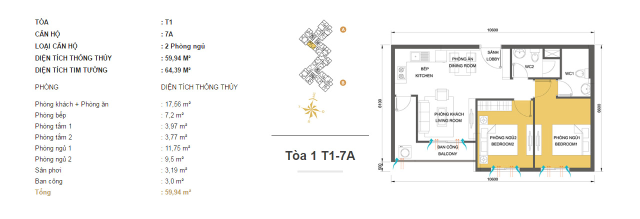 Mặt bằng chung cư Masteri Thảo Điền T1-7A 59m2 : căn hộ 2 phòng ngủ ( 64.39m2) Mặt bằng chung cư Masteri Thảo Điền T1-7A 59m2 : căn hộ 2 phòng ngủ ( 64.39m2)