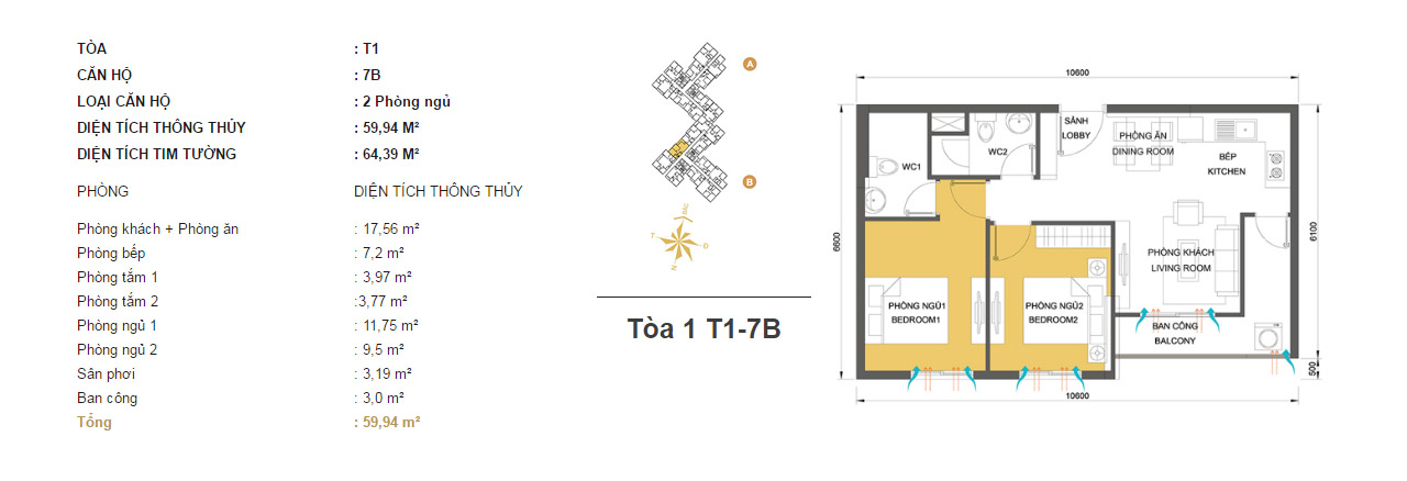 Mặt bằng chung cư Masteri Thảo Điền T1-7B 59m2 : căn hộ 2 phòng ngủ ( 64.39m2) Mặt bằng chung cư Masteri Thảo Điền T1-7B 59m2 : căn hộ 2 phòng ngủ ( 64.39m2)