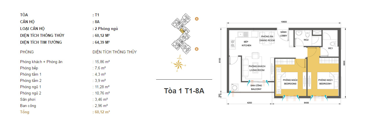 Mặt bằng chung cư Masteri Thảo Điền T1-8A 60m2 : căn hộ 2 phòng ngủ ( 64.39m2) Mặt bằng chung cư Masteri Thảo Điền T1-8A 60m2 : căn hộ 2 phòng ngủ ( 64.39m2)