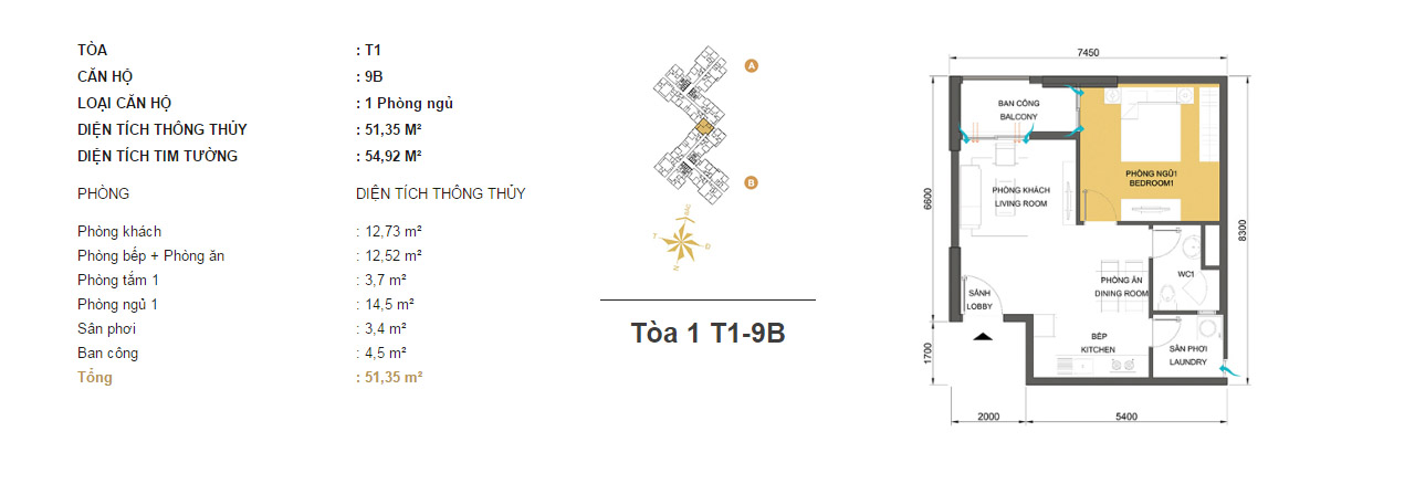 Mặt bằng chung cư Masteri Thảo Điền T1-9B 51m2 : căn hộ 2 phòng ngủ ( 54.92m2) Mặt bằng chung cư Masteri Thảo Điền T1-9B 51m2 : căn hộ 2 phòng ngủ ( 54.92m2)
