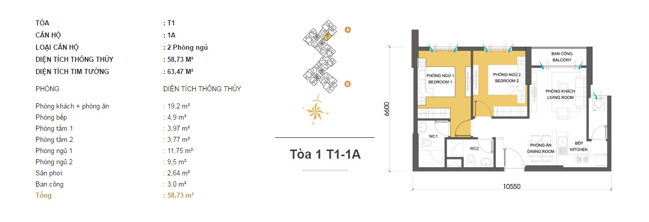 Mặt bằng căn hộ chung cư Masteri Thảo Điền T1-A1 58m2 : căn hộ 2 phòng ngủ ( 63.47m2) Mặt bằng căn hộ chung cư Masteri Thảo Điền T1-A1 58m2 : căn hộ 2 phòng ngủ ( 63.47m2)